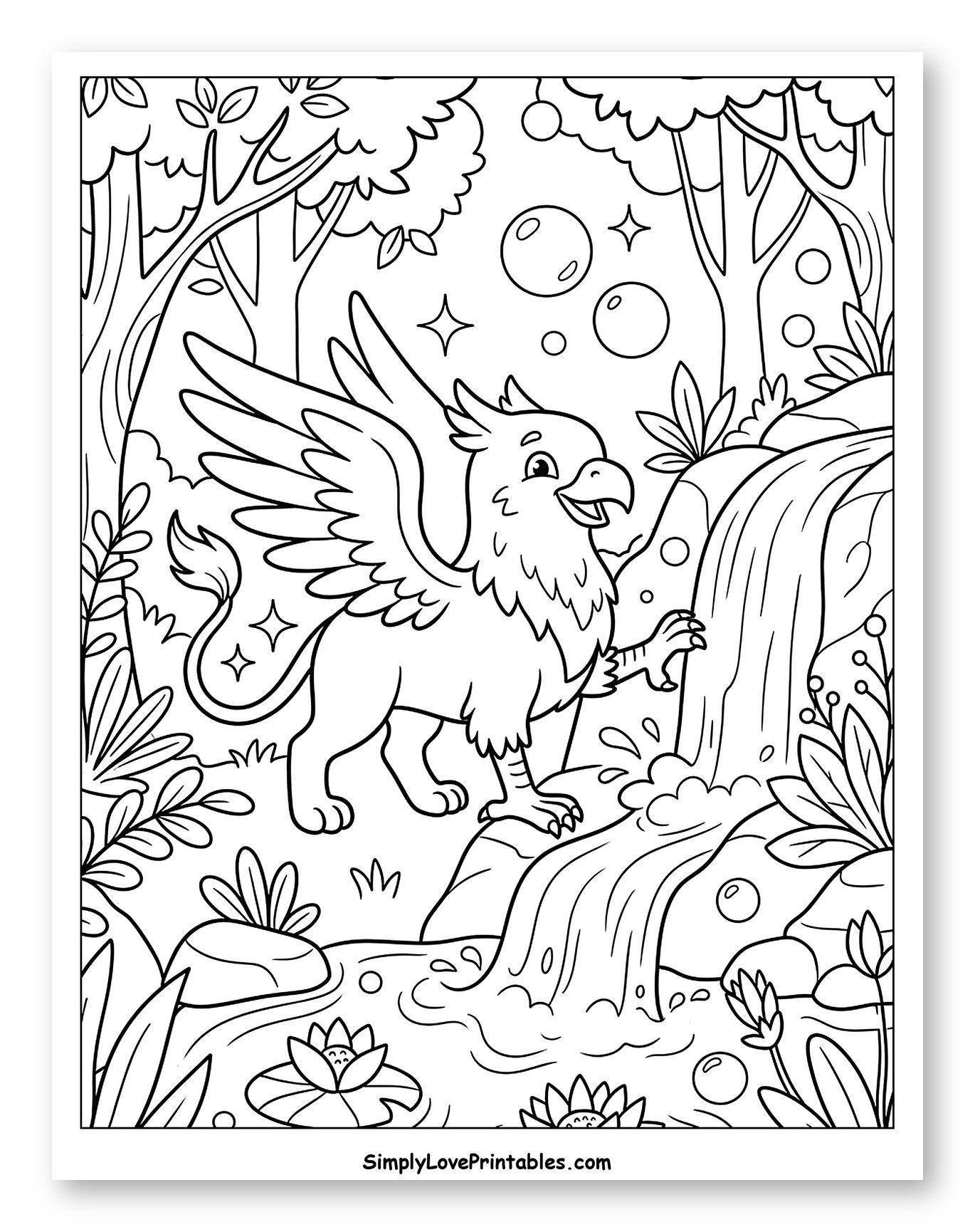 Happy Griffin by a Forest Waterfall