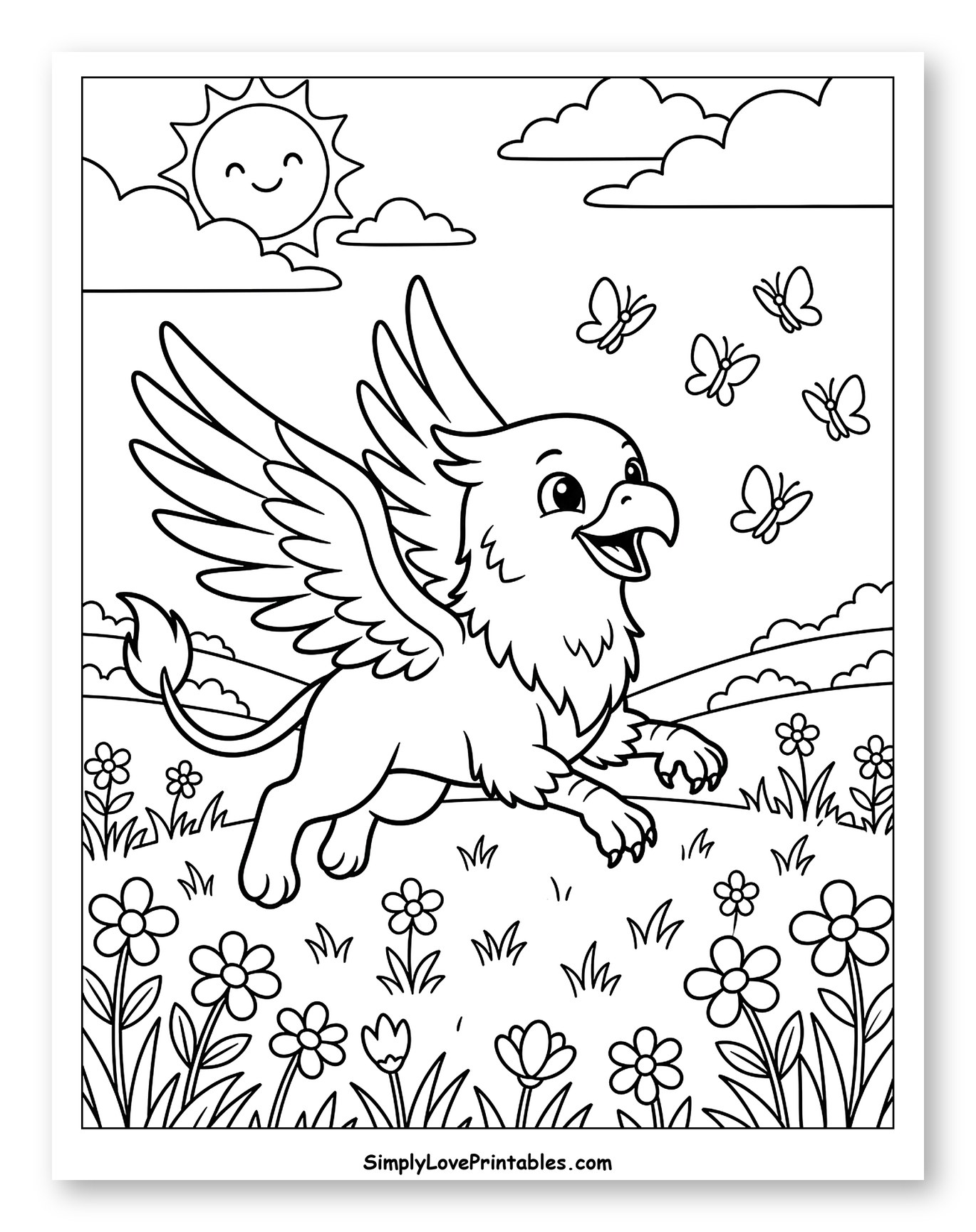 Happy Griffin Jumping in Sunny Meadow to Color for Kids