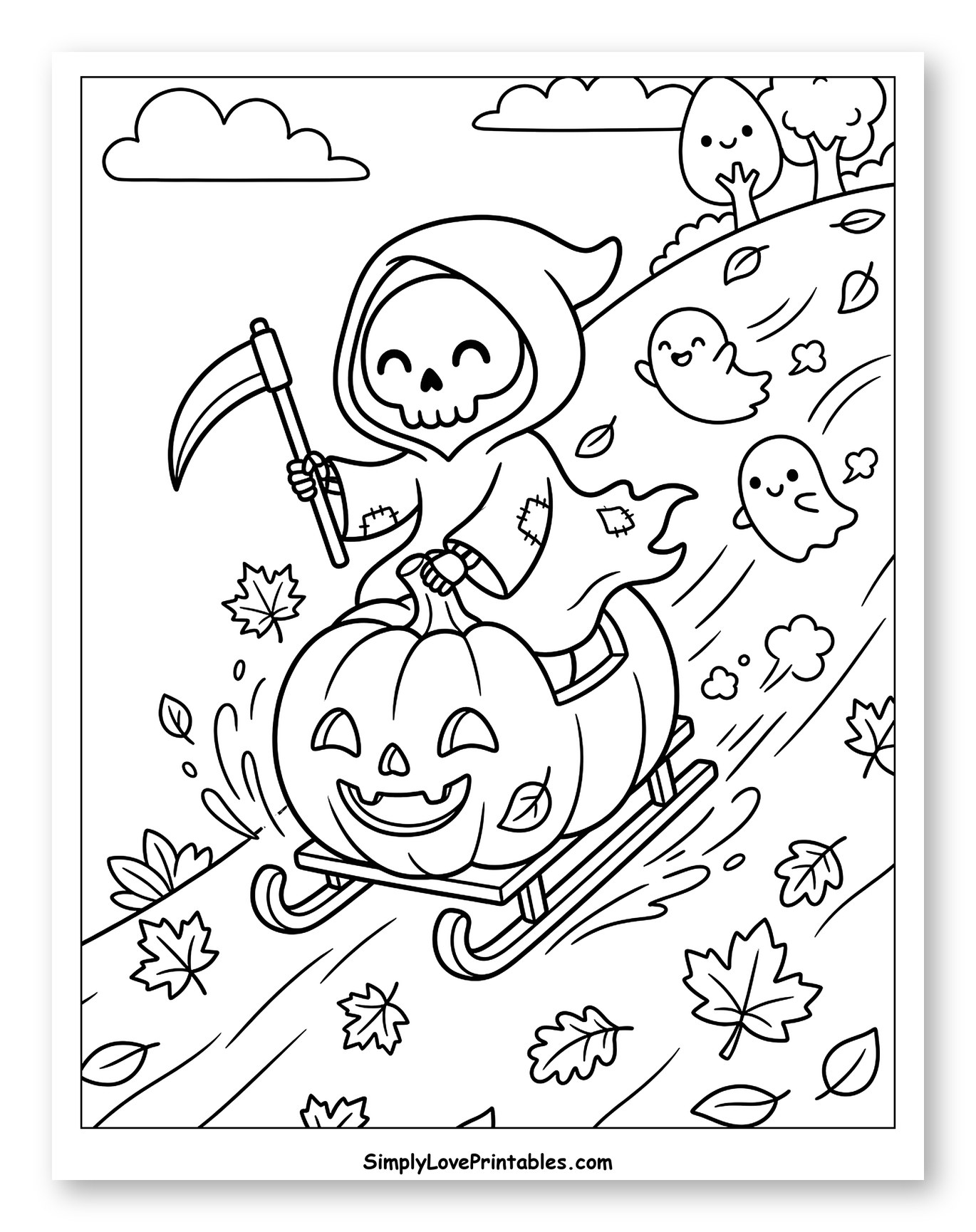 Happy Grim Reaper on Pumpkin Sled