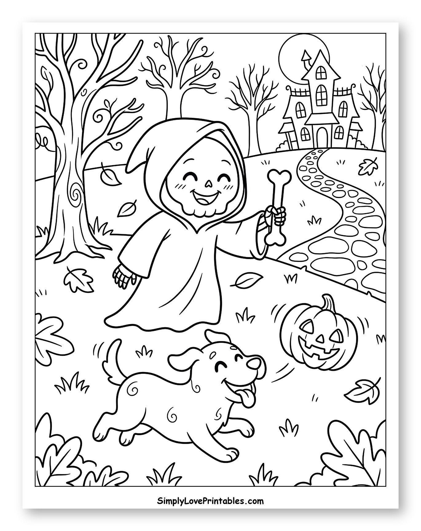 Happy Grim Reaper Playing with Dog and Pumpkin
