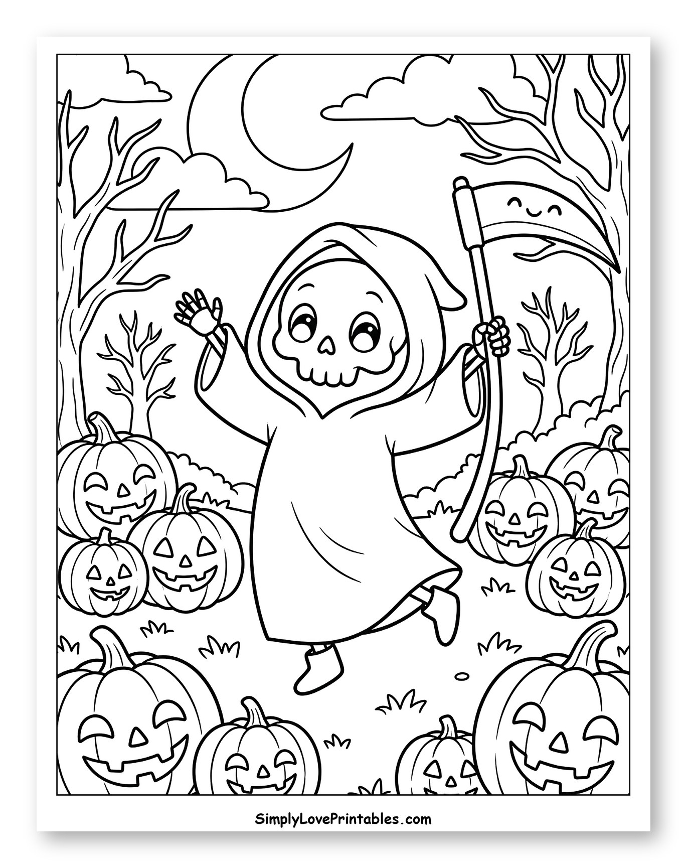 Happy Grim Reaper Waving Among Pumpkins