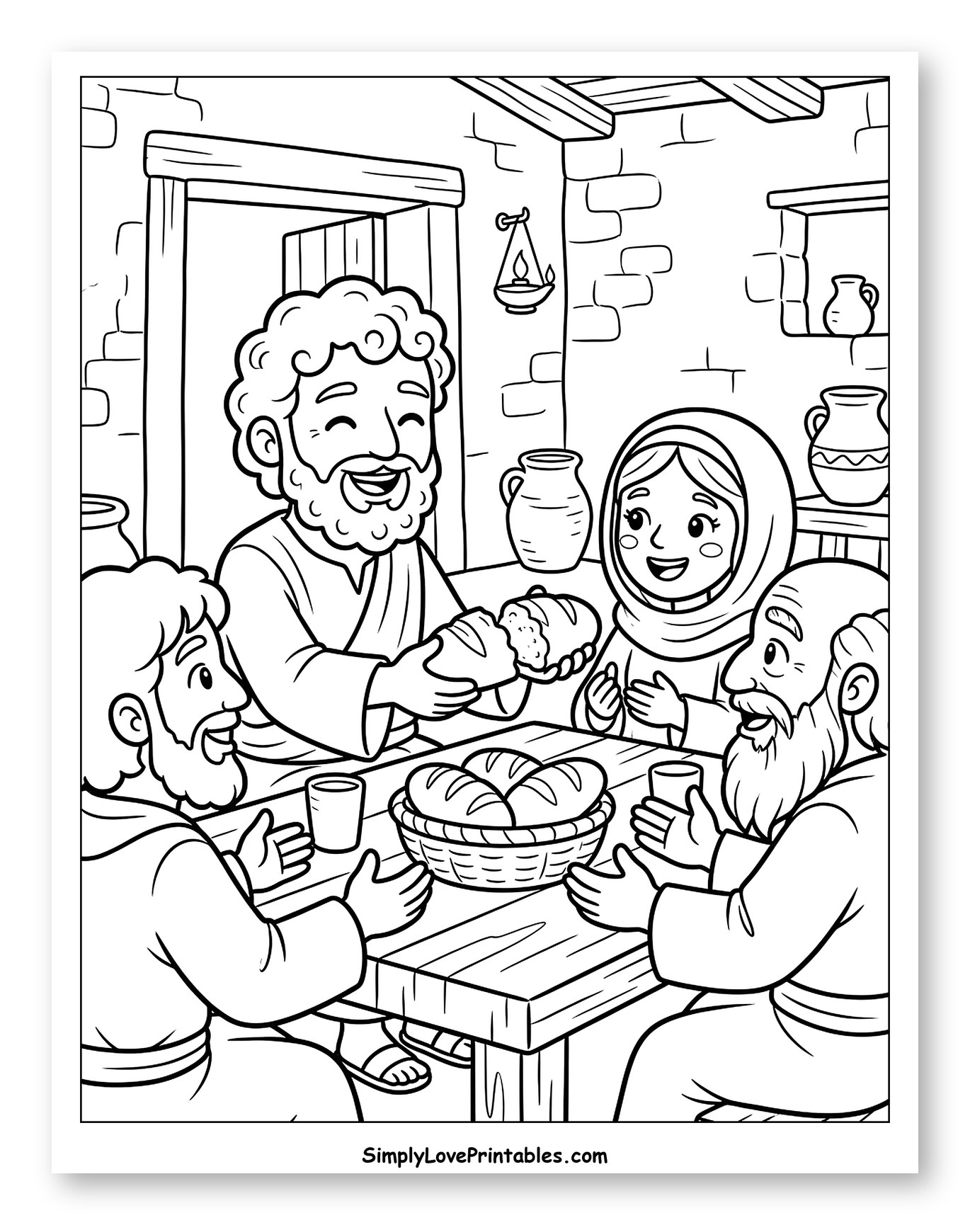 Happy Group Sharing Bread at Table Coloring Page for Kids