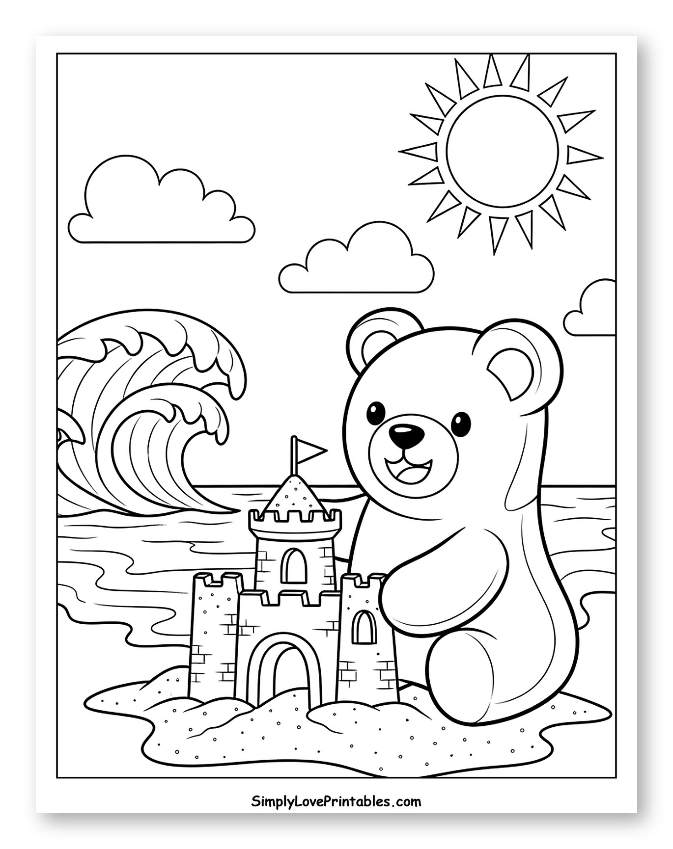 Happy Gummy Bear Building Sandcastle at the Beach