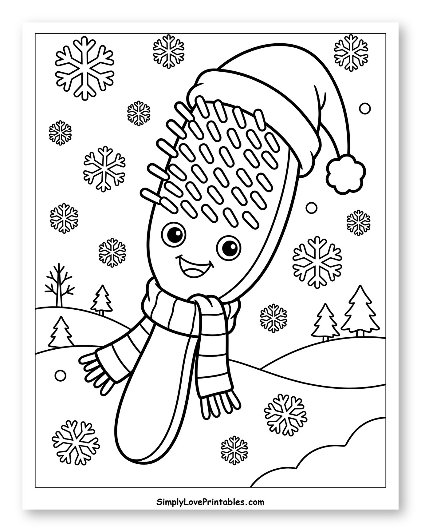 Happy Hairbrush in Snowy Winter Scene Coloring Sheet for Kids