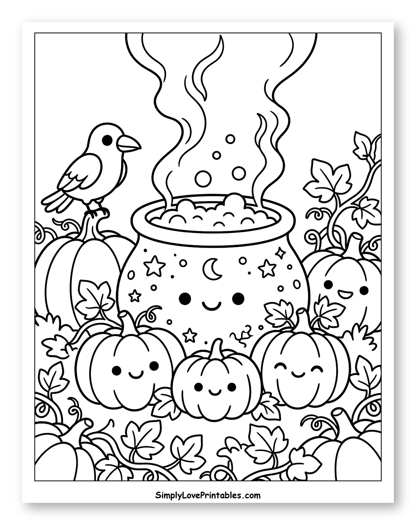 Happy Halloween Cauldron and Pumpkins Scene to Color for Kids