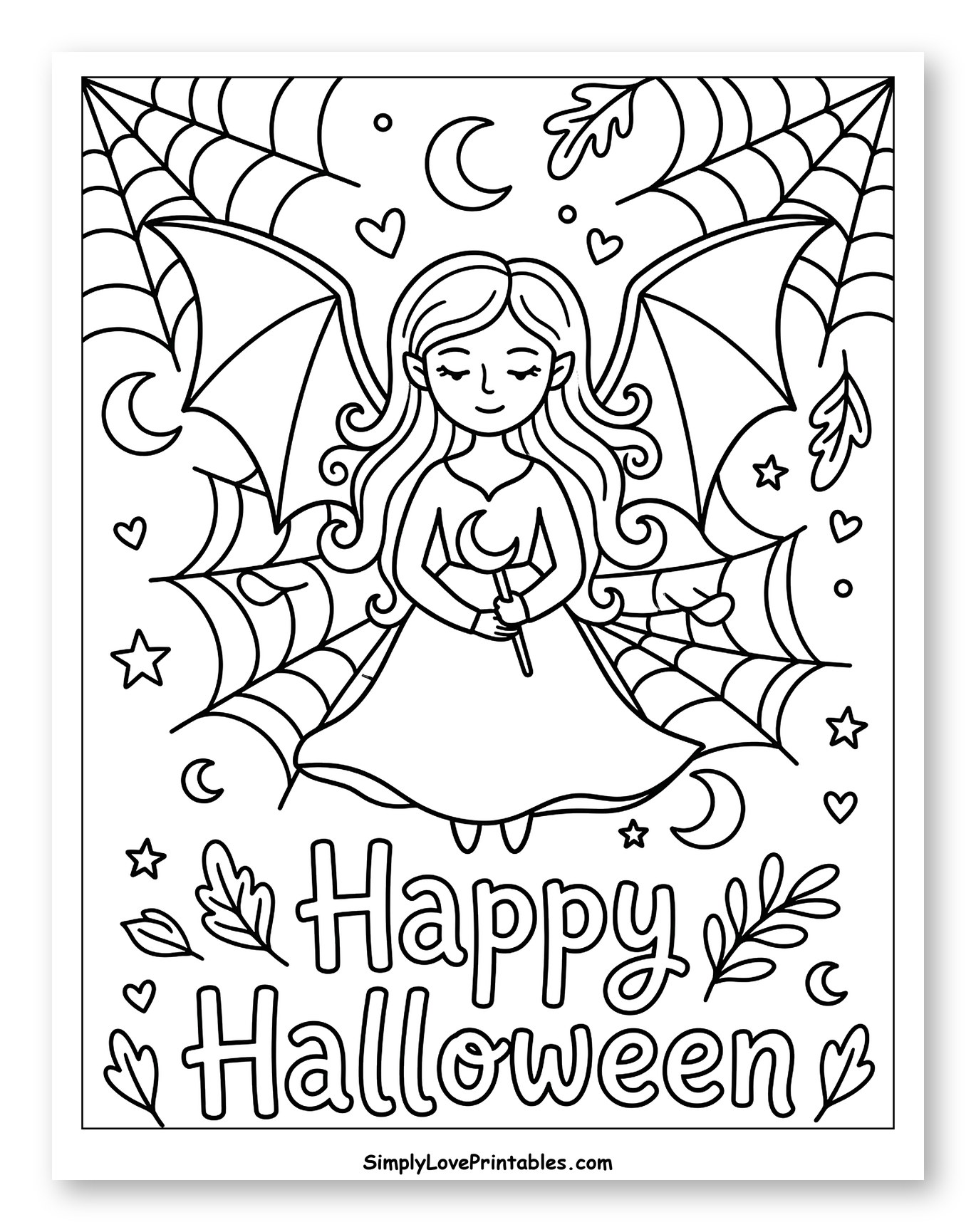 Happy Halloween Fairy with Spider Web Wings to Color for Adults