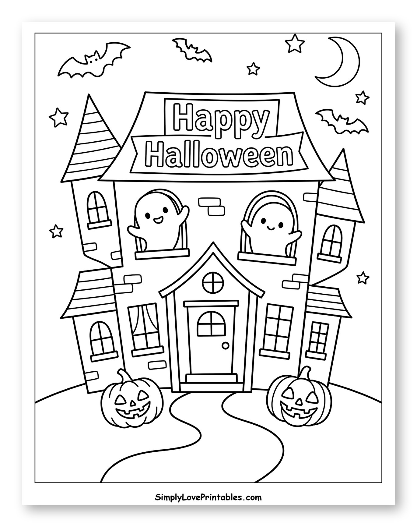 Happy Halloween Haunted House with Ghosts and Pumpkins