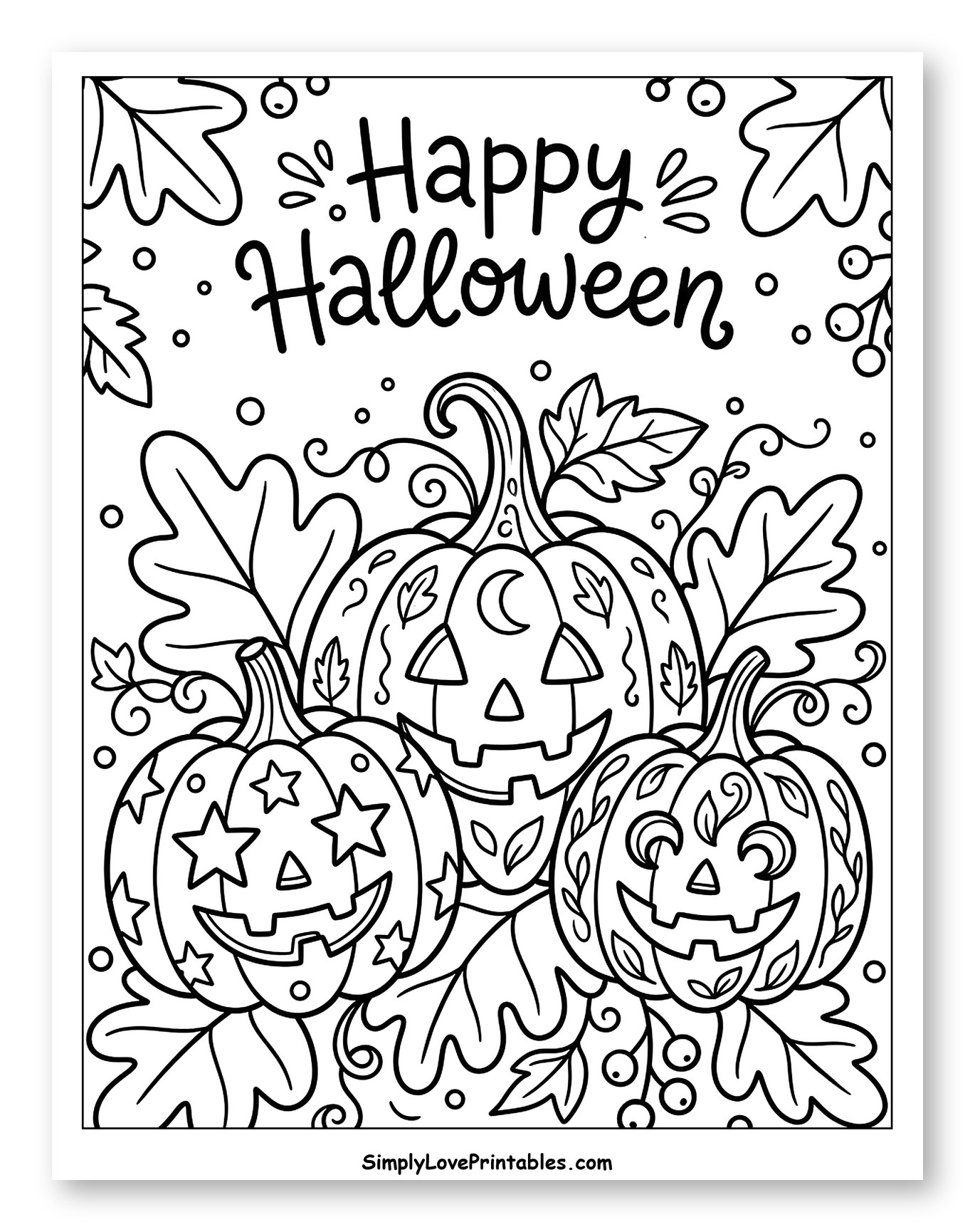 Happy Halloween Jack-o'-Lanterns with Leaves to Color for Adults