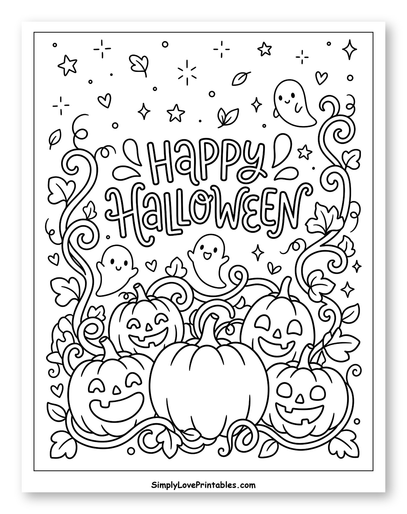 Happy Halloween Lettering with Pumpkins and Ghosts Coloring Sheet for Adults