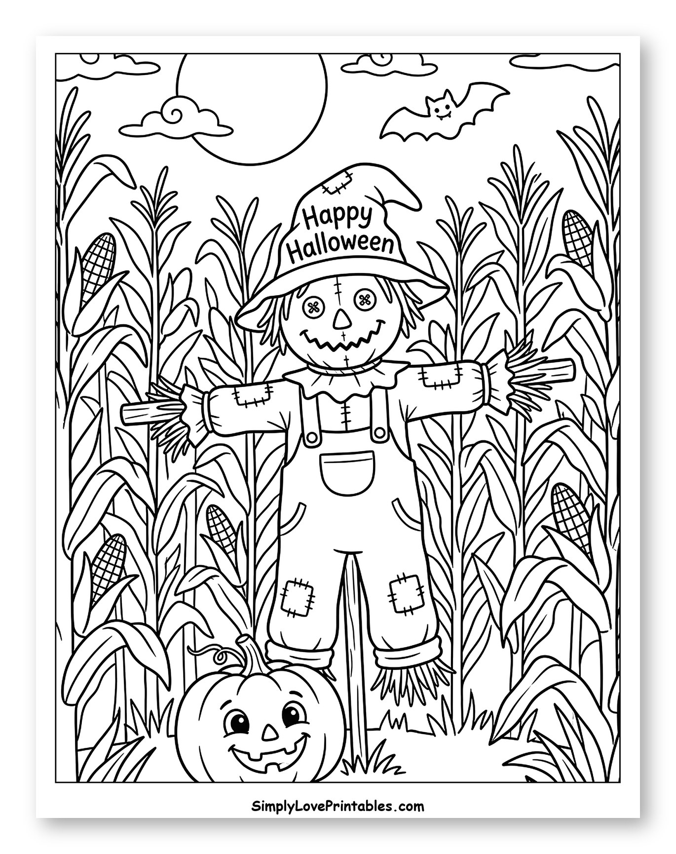 Happy Halloween Scarecrow in Cornfield to Color for Kids
