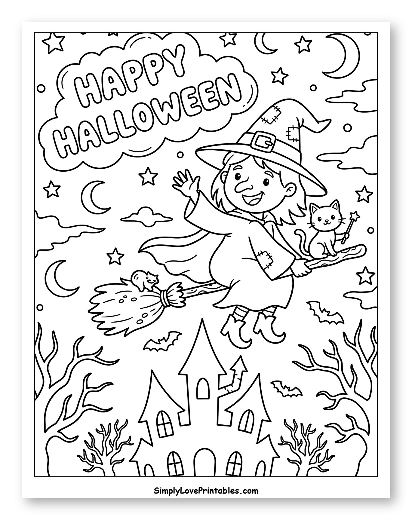 Happy Halloween Witch Flying with Cat Coloring Page for Kids