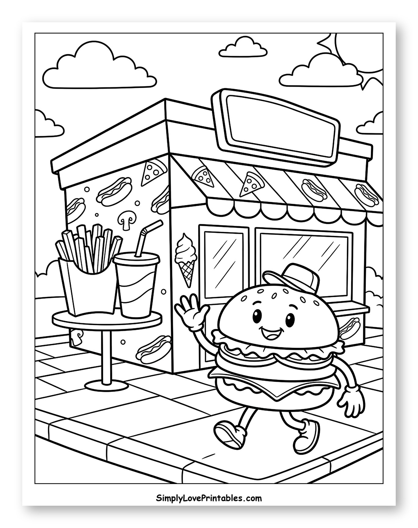 Happy Hamburger Character Walking by Fast Food Restaurant