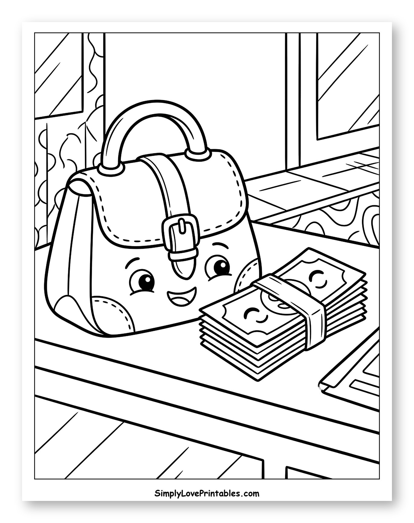 Happy Handbag with Stack of Money Coloring Sheet for Kids