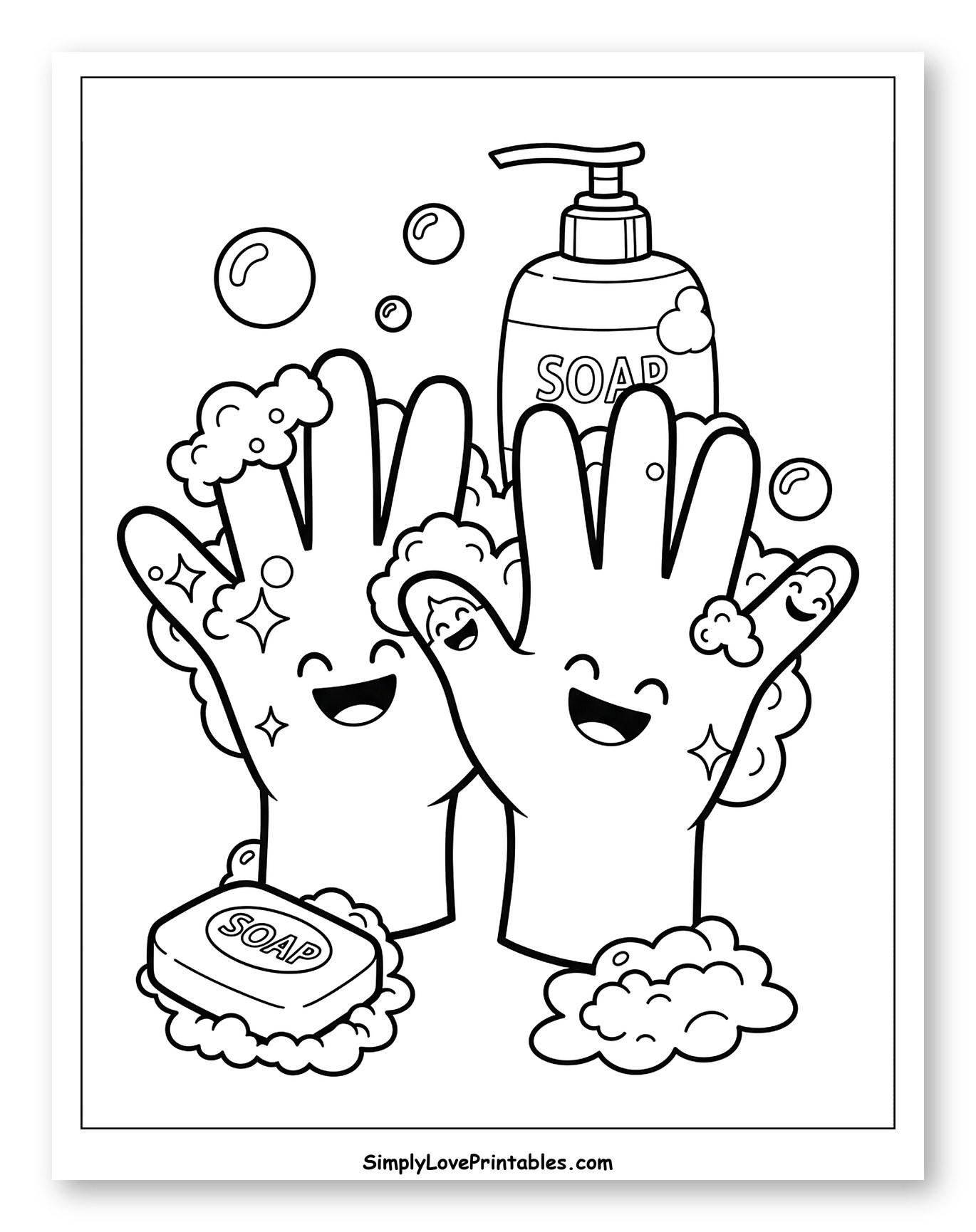 Happy Hands Washing with Soap and Bubbles Coloring Page for Toddlers