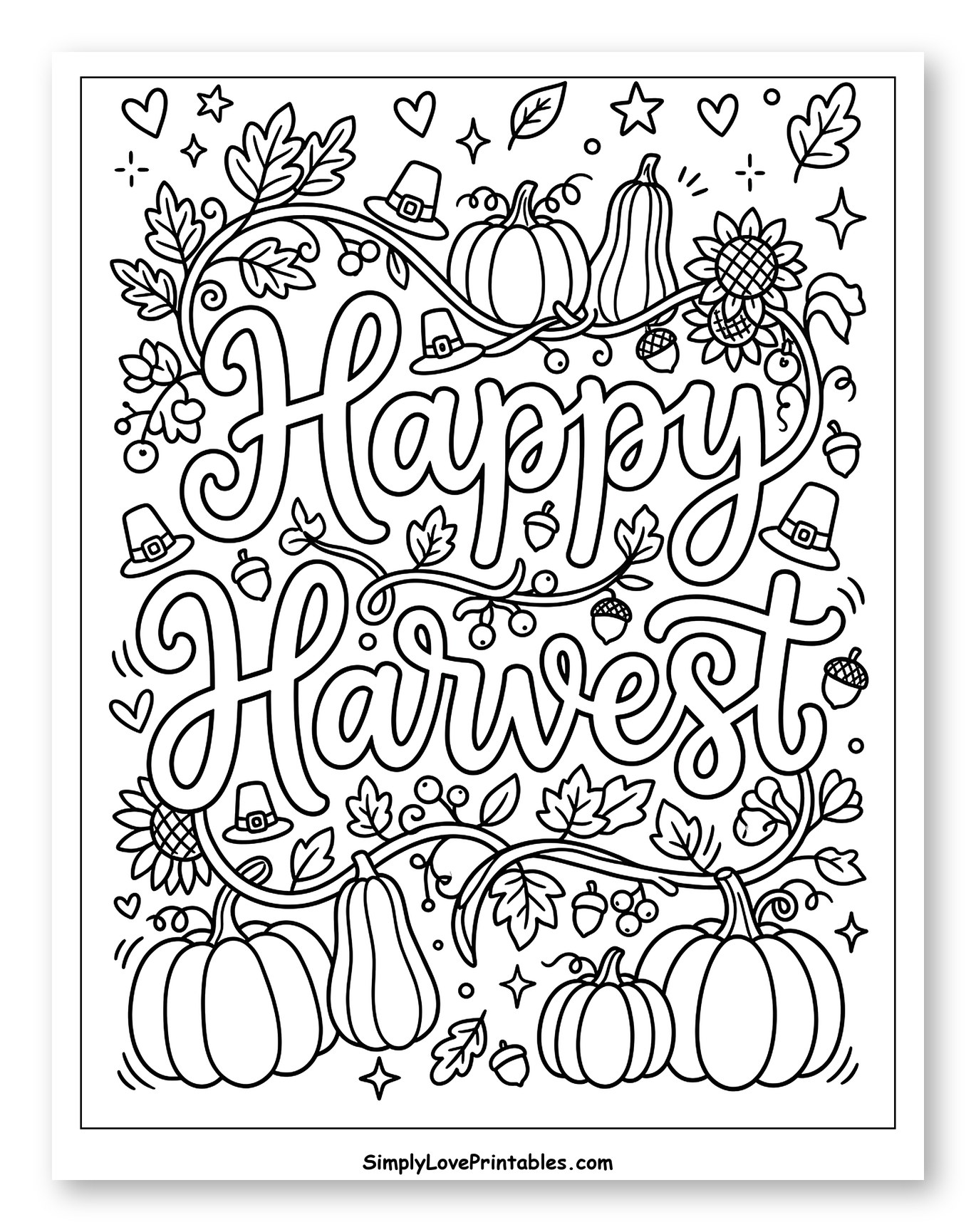 Happy Harvest with Pumpkins and Pilgrim Hats Coloring Sheet for Adults