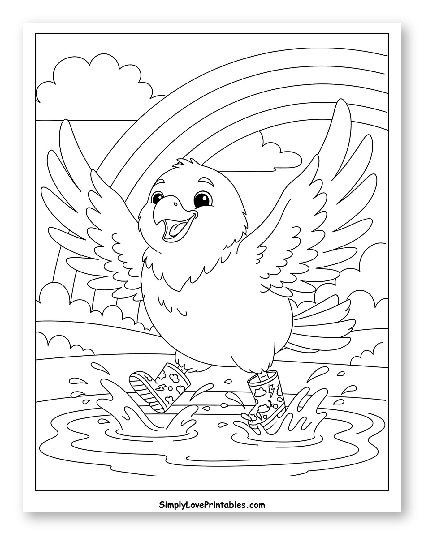 Happy Hawk Splashing in Puddles with Rainbow Coloring Sheet for Kids