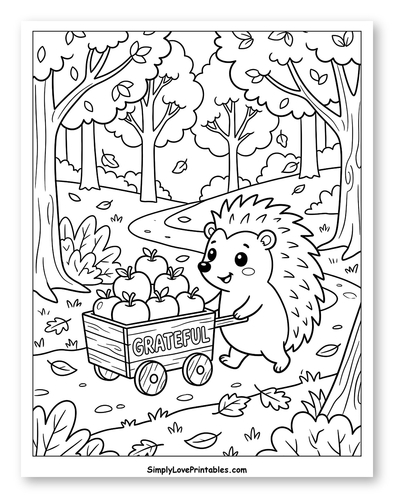 Happy Hedgehog with a Grateful Apple Wagon Coloring Sheet for Kids