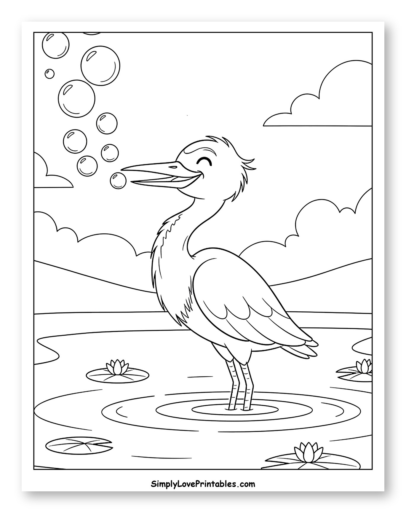 Happy Heron Blowing Bubbles in a Pond
