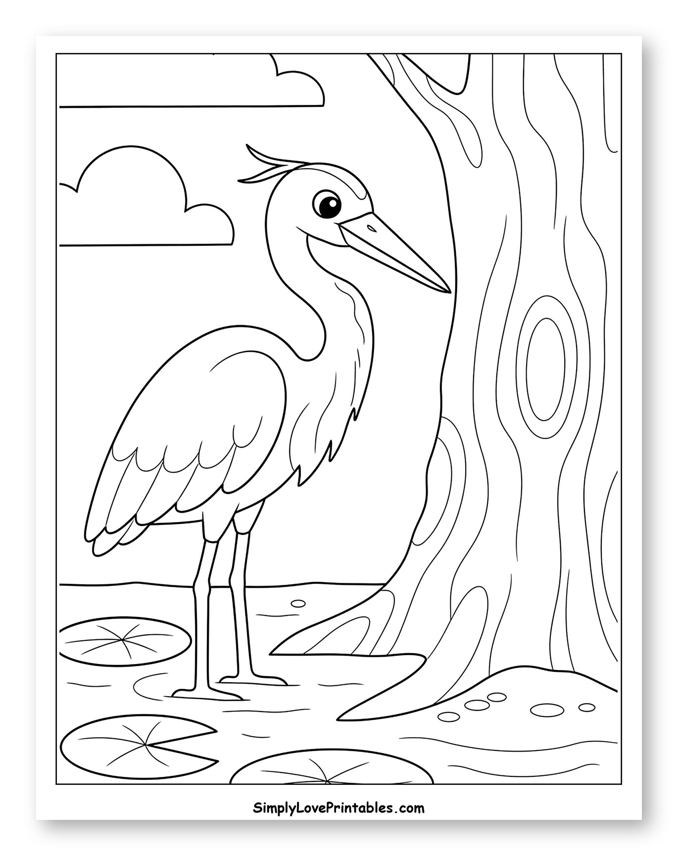 Happy Heron by a Tree and Lily Pads