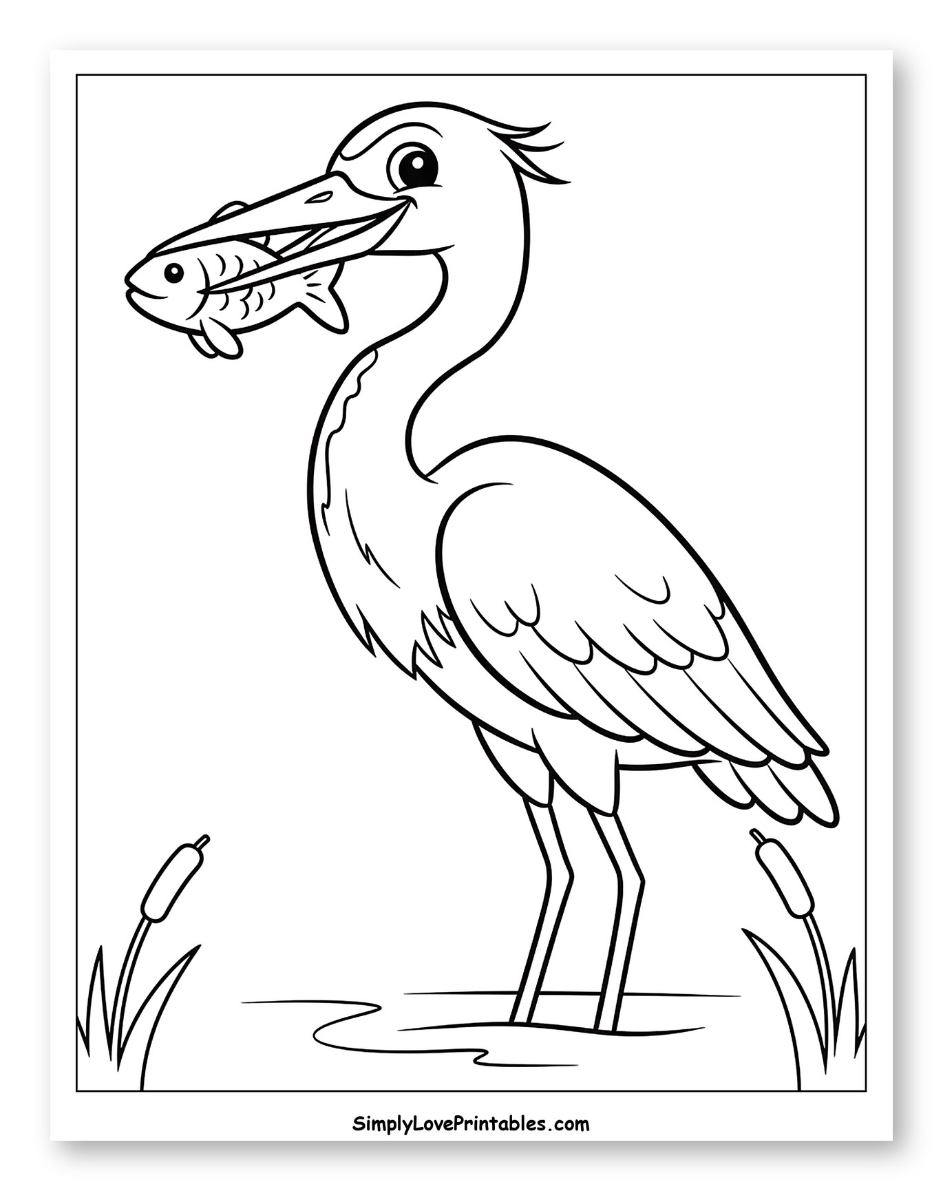Happy Heron Holding a Fish Coloring Page for Toddlers