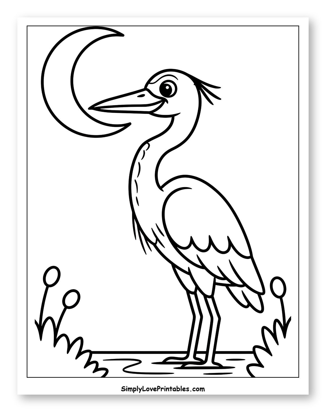 Happy Heron Looking at Crescent Moon Coloring Page for Toddlers