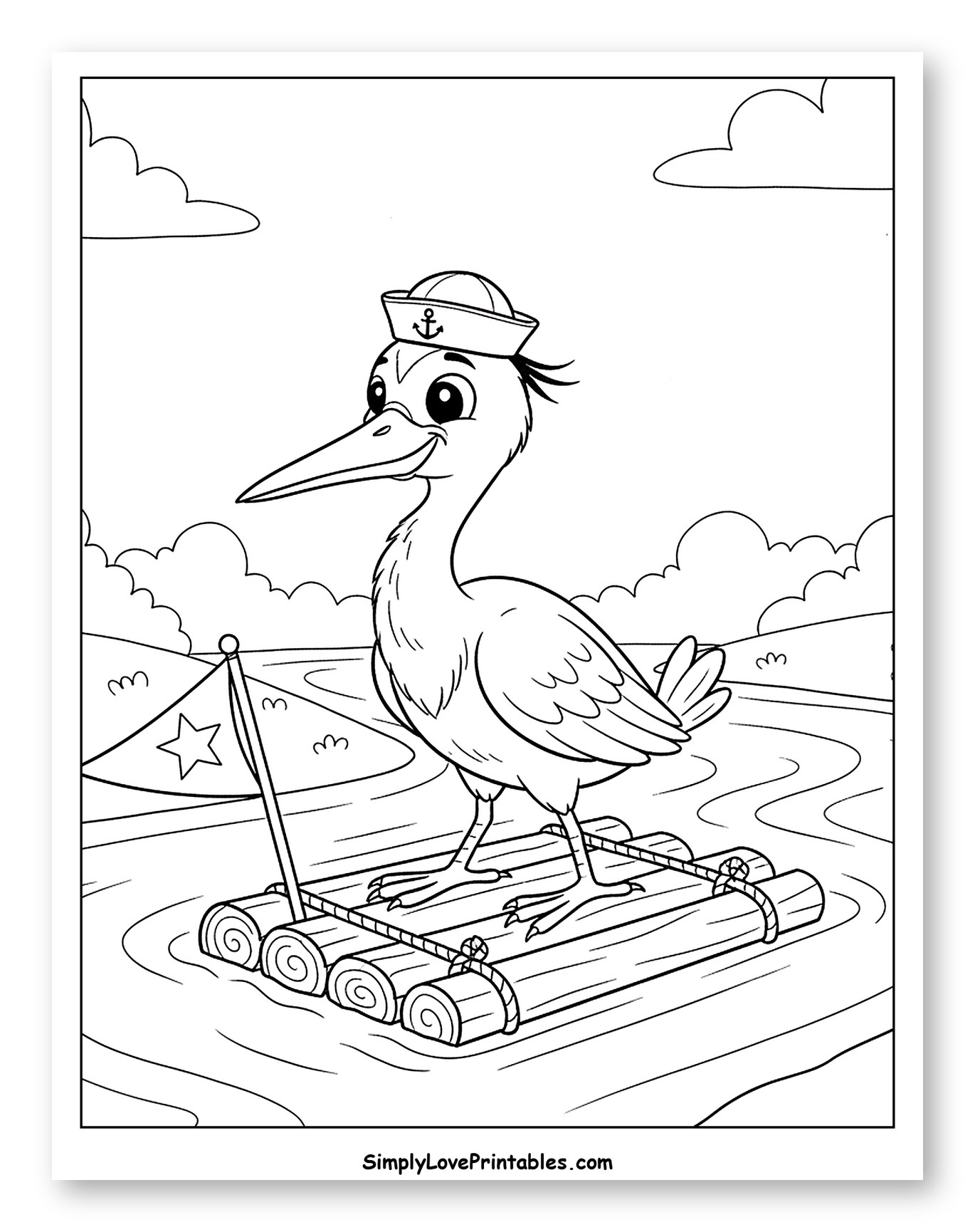 Happy Heron Sailor on a Log Raft