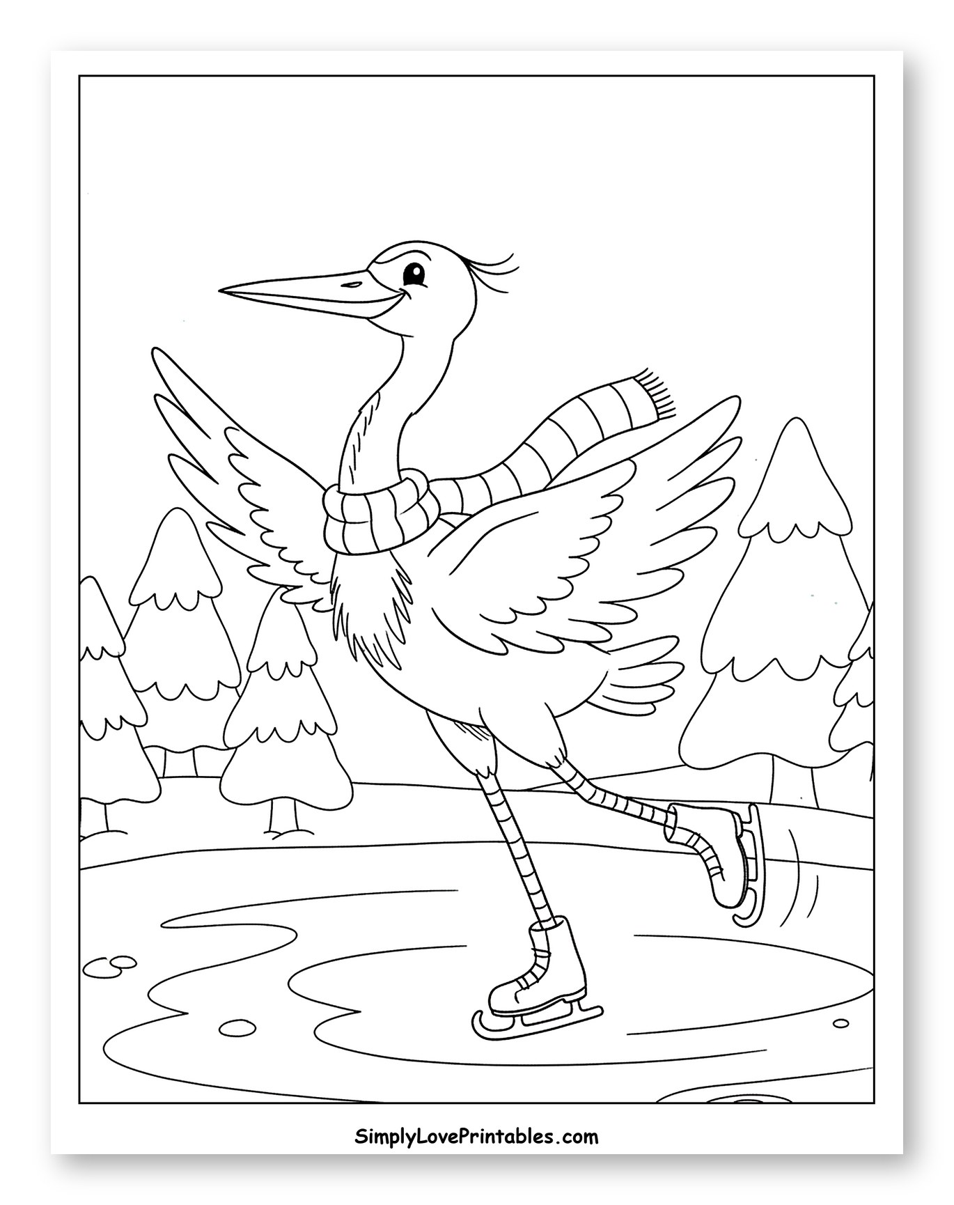 Happy Heron Skating on Ice with Pine Trees to Color for Kids