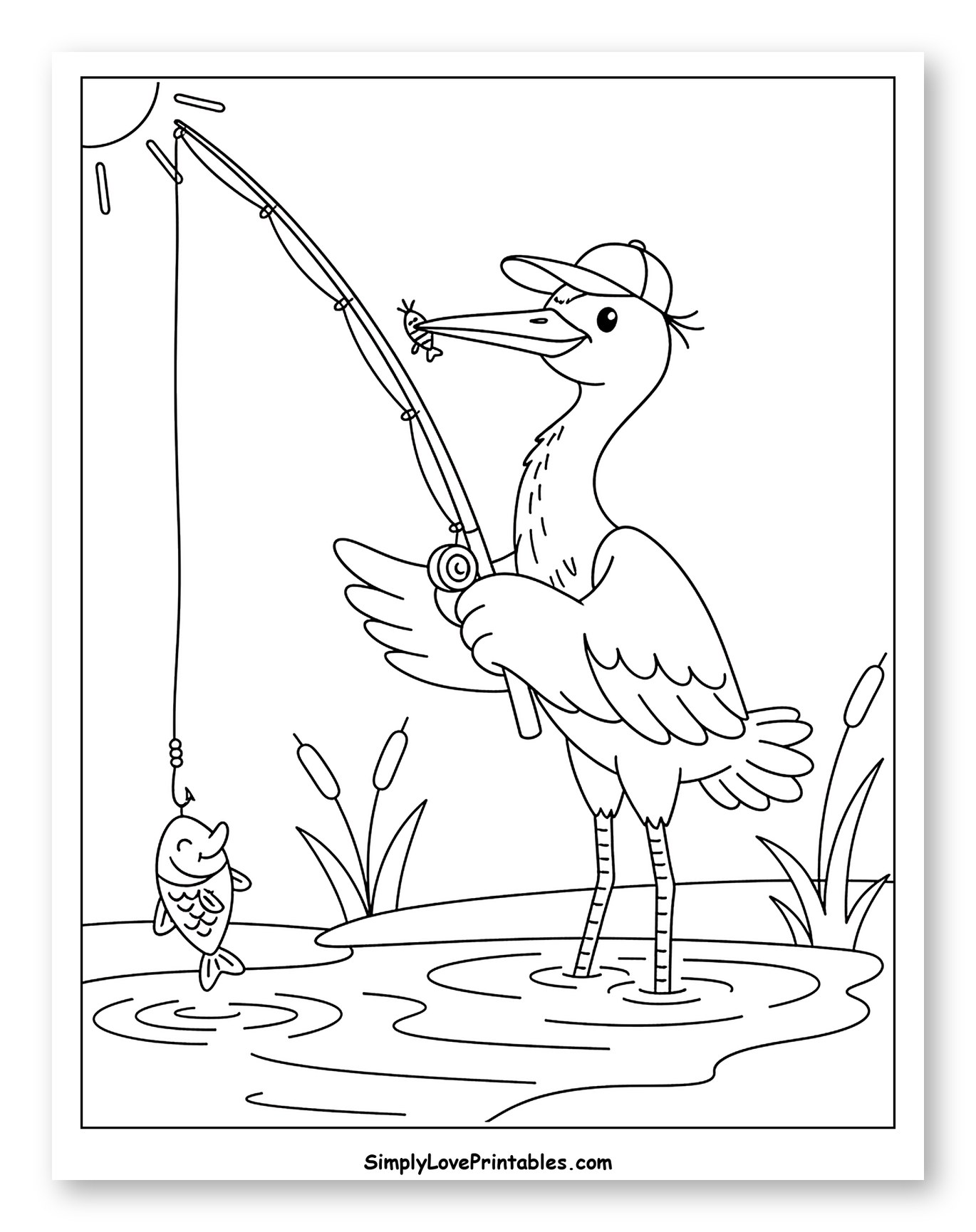 Happy Heron Wearing a Cap Fishing
