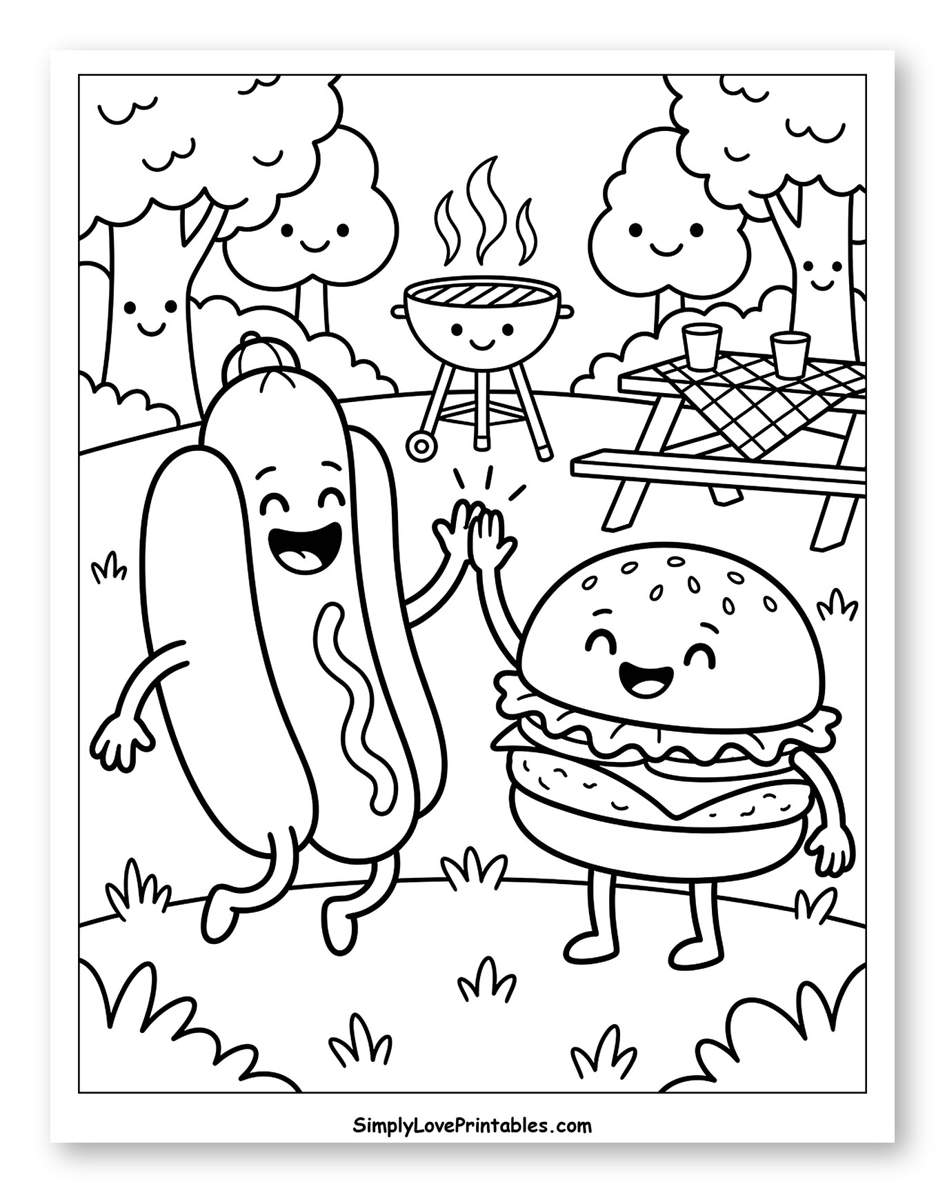 Happy Hot Dog and Burger High-Fiving Coloring Sheet for Kids