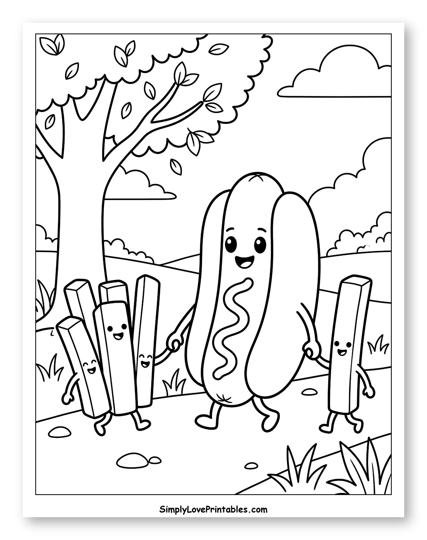 Happy Hot Dog and French Fries Walking to Color for Kids