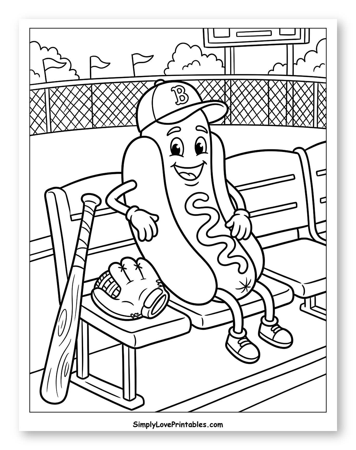 Happy Hot Dog at Baseball Game to Color for Kids