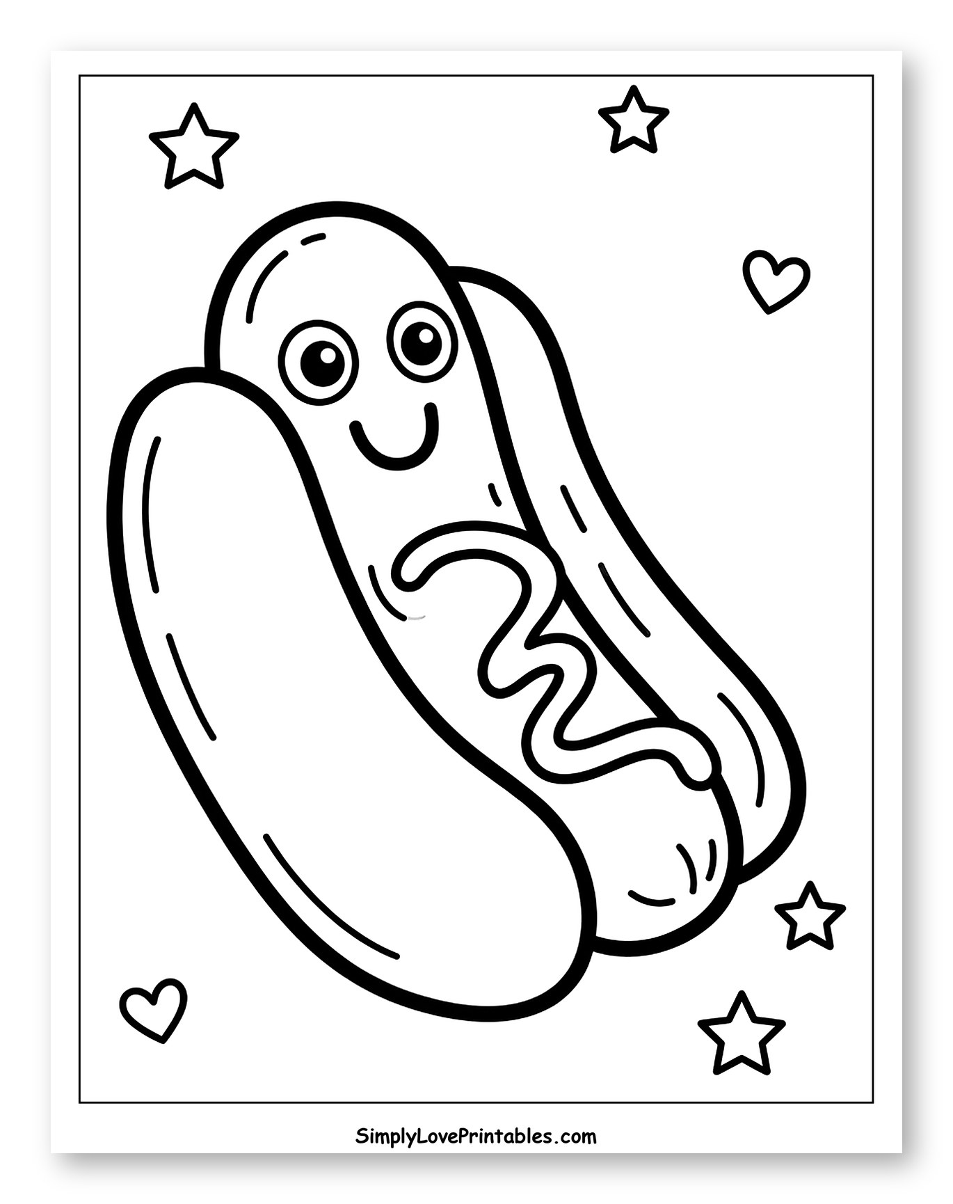 Happy Hot Dog with Mustard, Stars, and Hearts Coloring Page for Toddlers