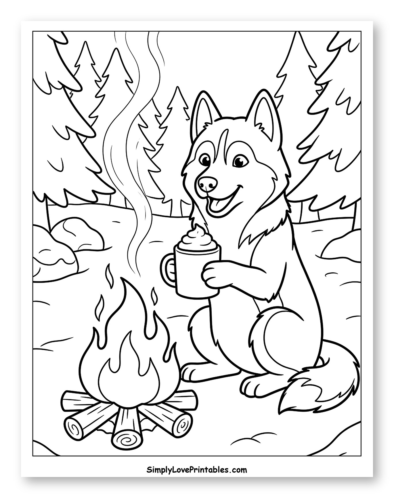 Happy Husky by a Campfire with Hot Drink