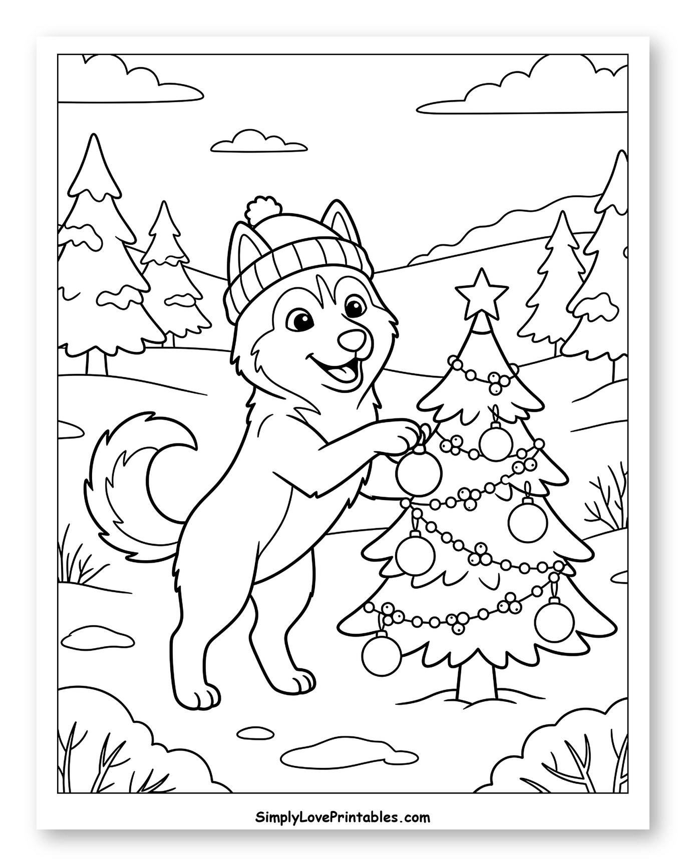 Happy Husky Decorating a Snowy Christmas Tree Coloring Sheet for Kids