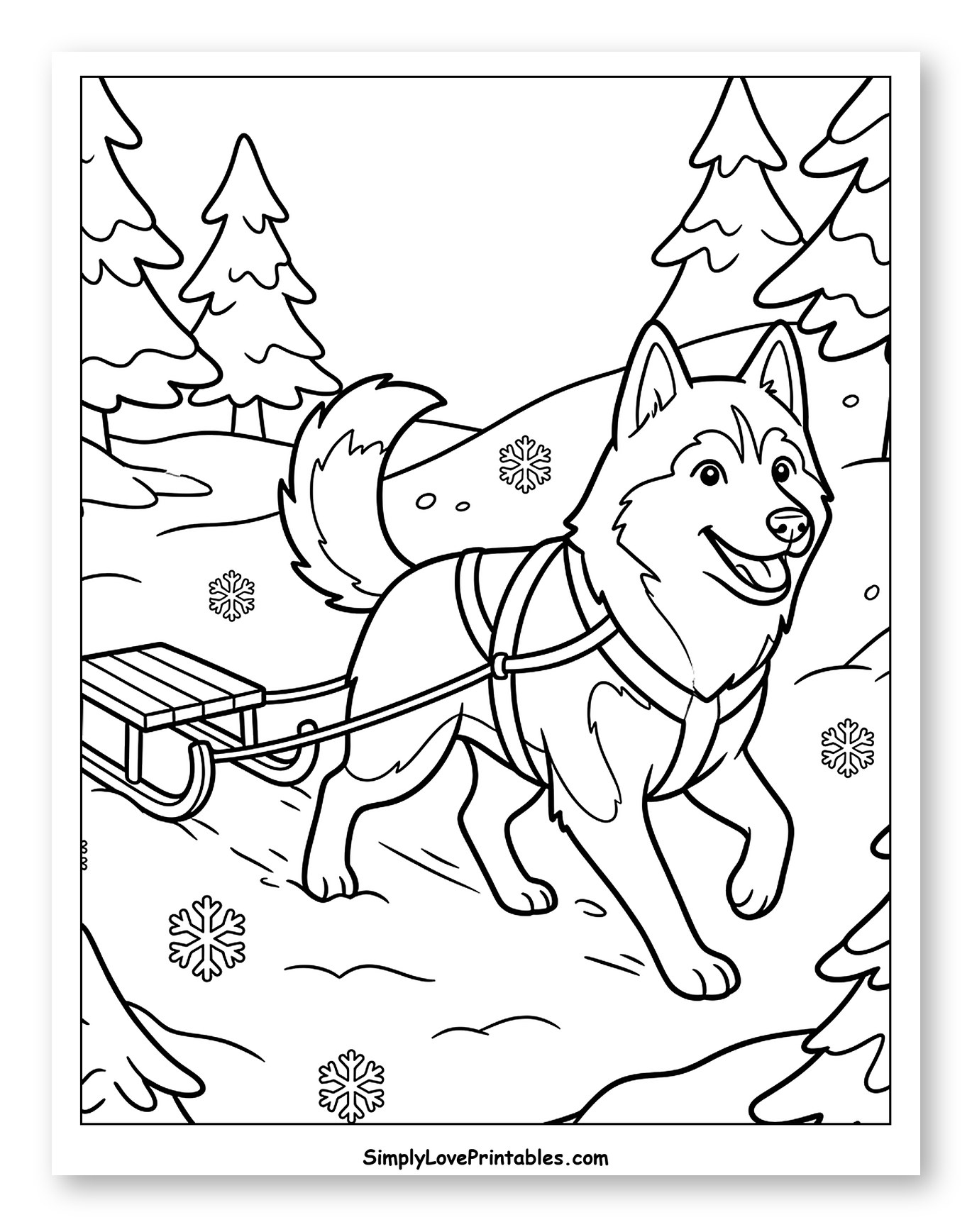 Happy Husky Dog Pulling Sled in Snow