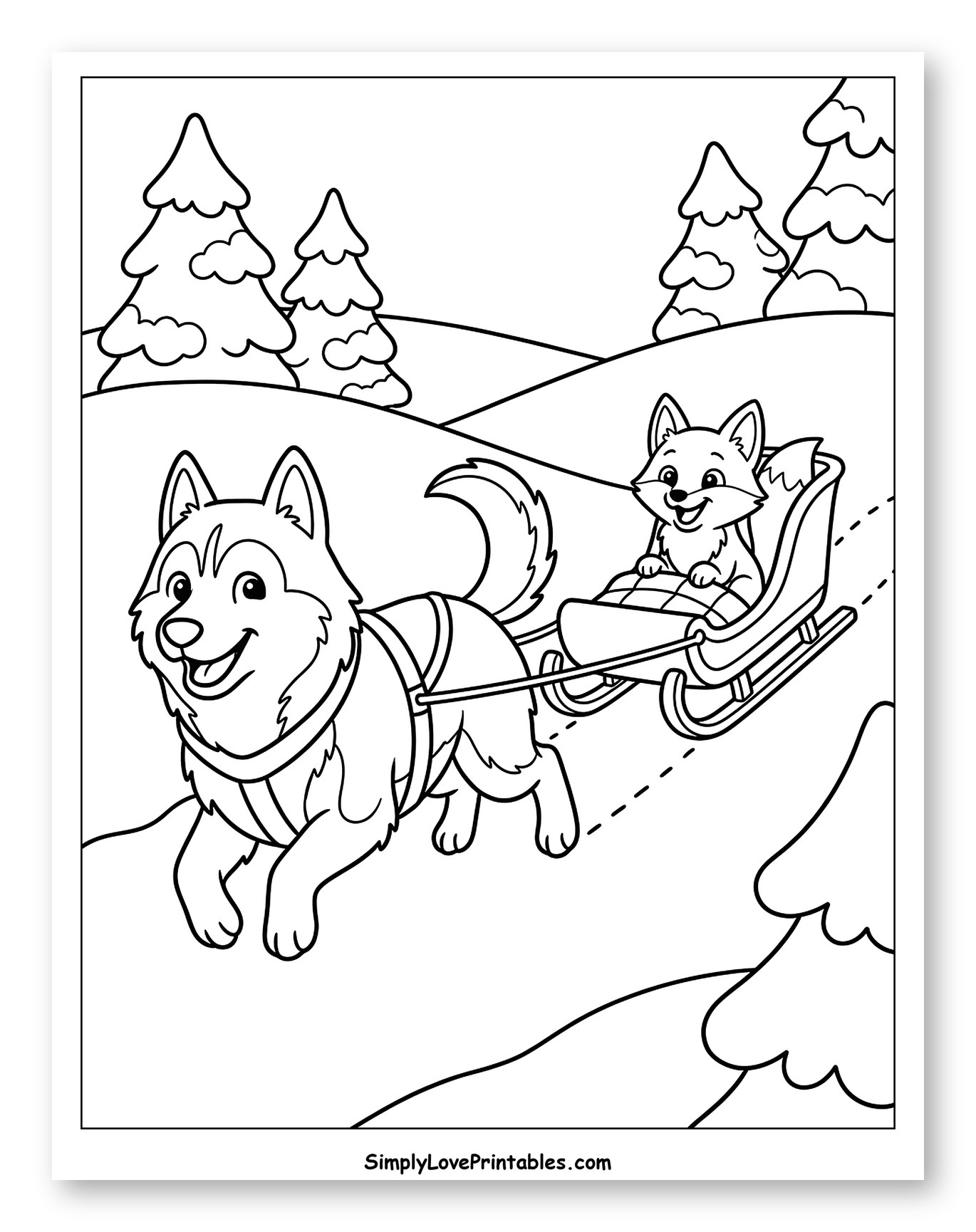 Happy Husky Pulling Fox on Sled Through Snow