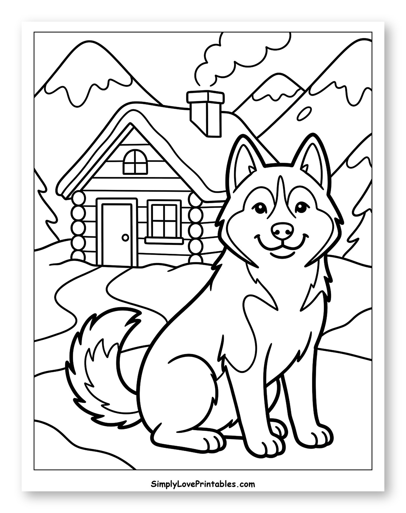 Happy Husky with a Cozy Cabin and Mountains