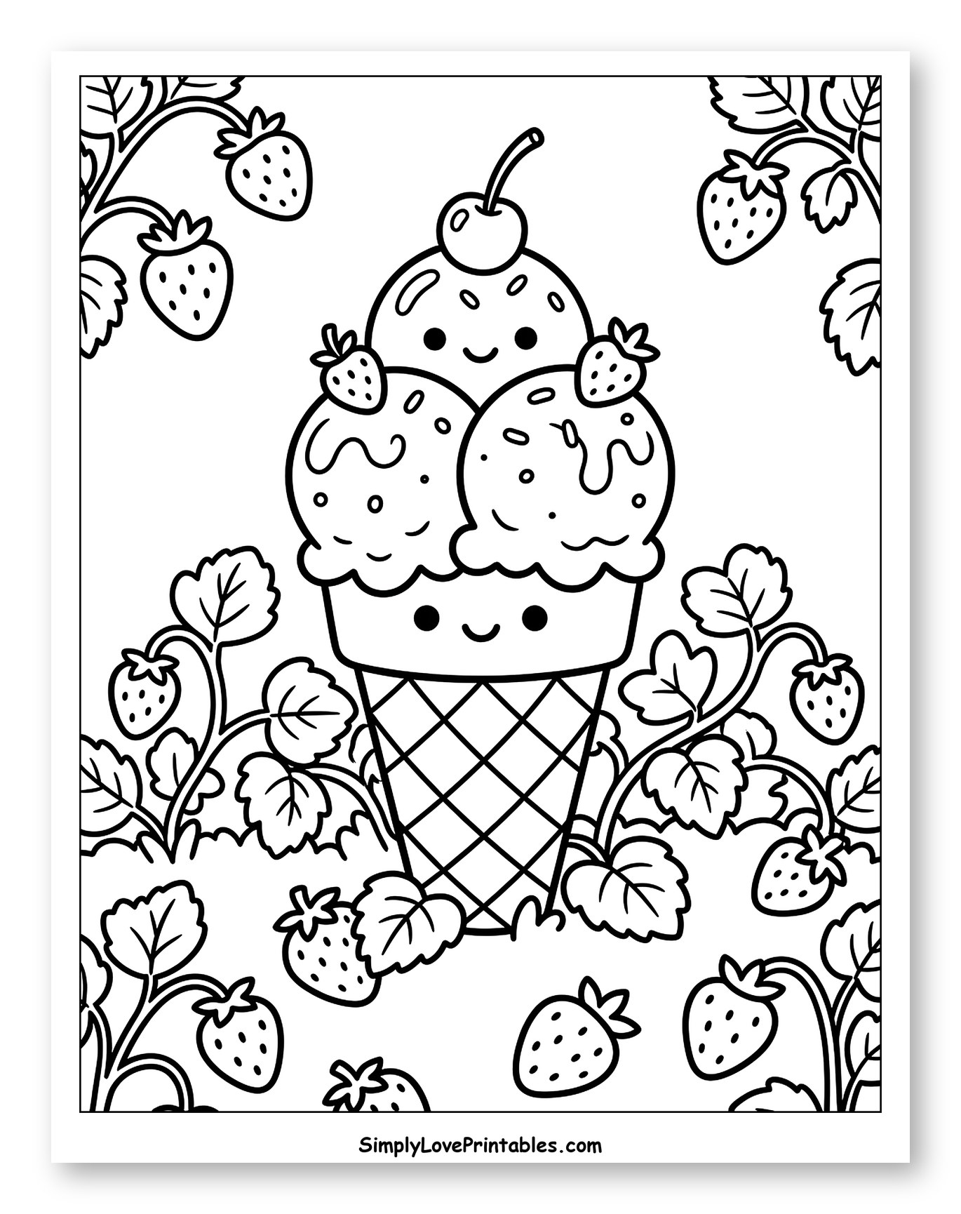 Happy Ice Cream Cone in a Strawberry Field Coloring Sheet for Kids
