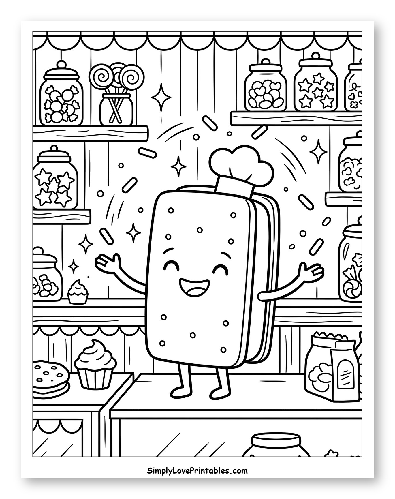Happy Ice Cream Sandwich Chef in a Sweet Shop to Color for Kids