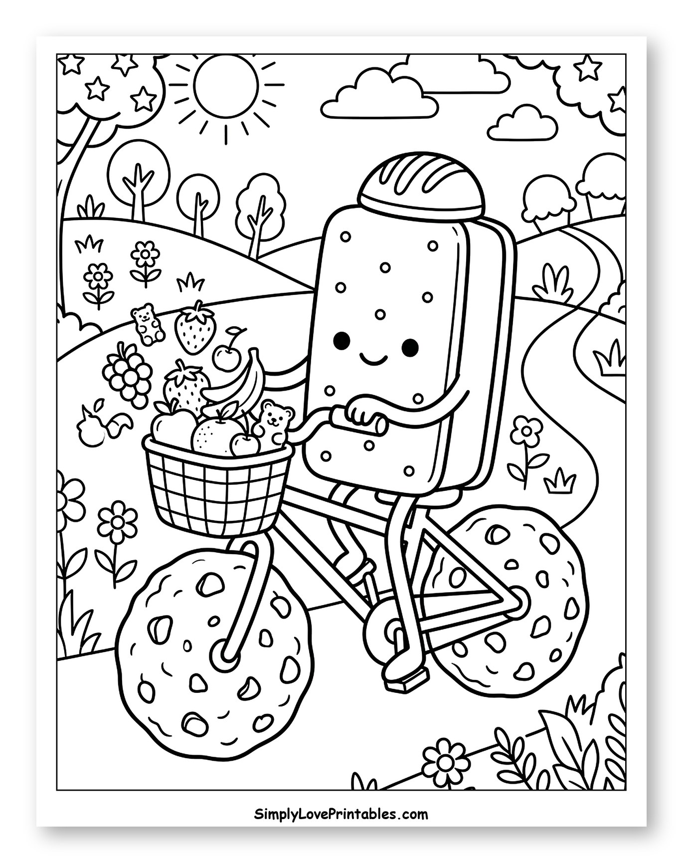 Happy Ice Cream Sandwich Cycling Through Park Coloring Page for Kids