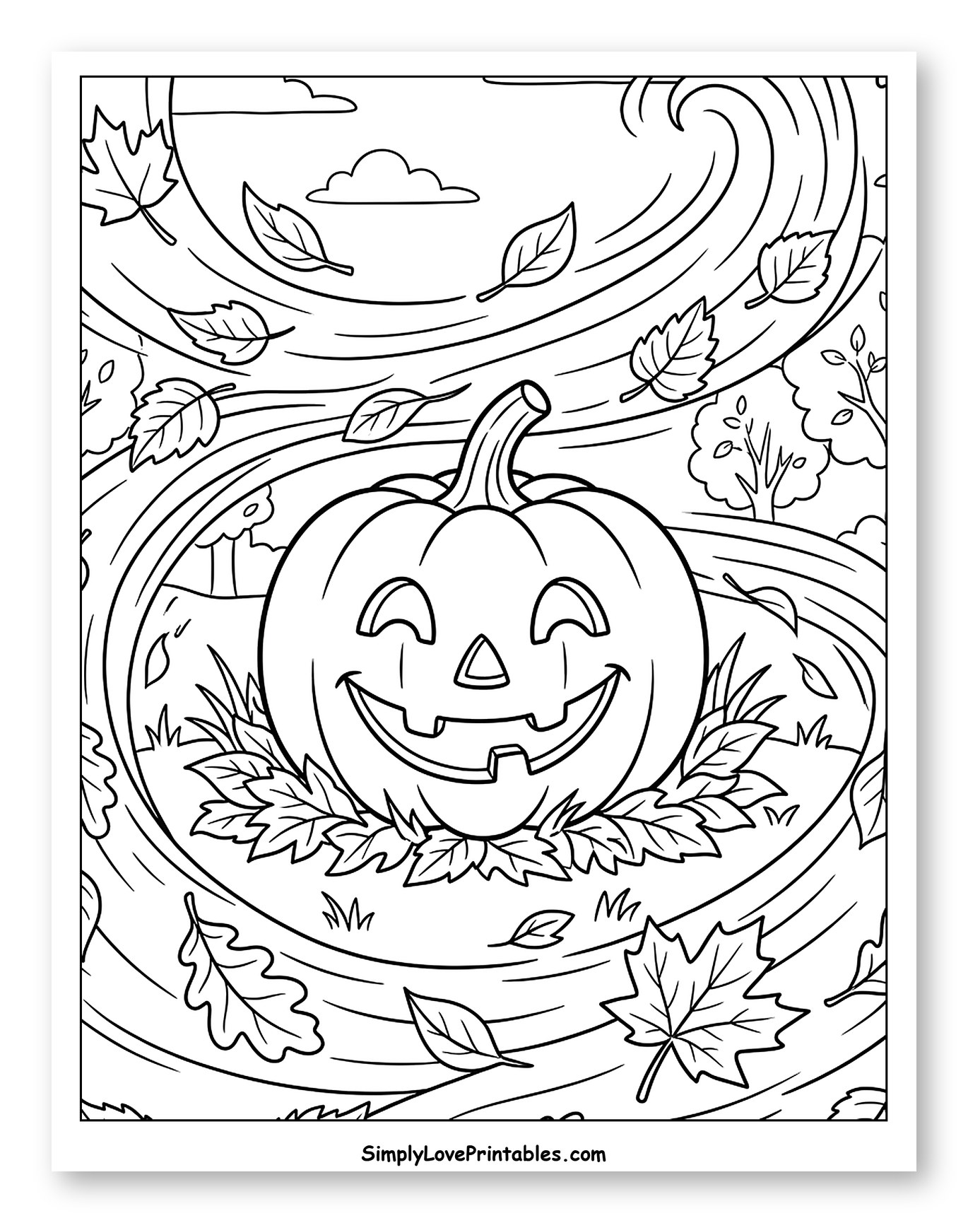 Happy Jack-o'-lantern with Swirling Autumn Leaves
