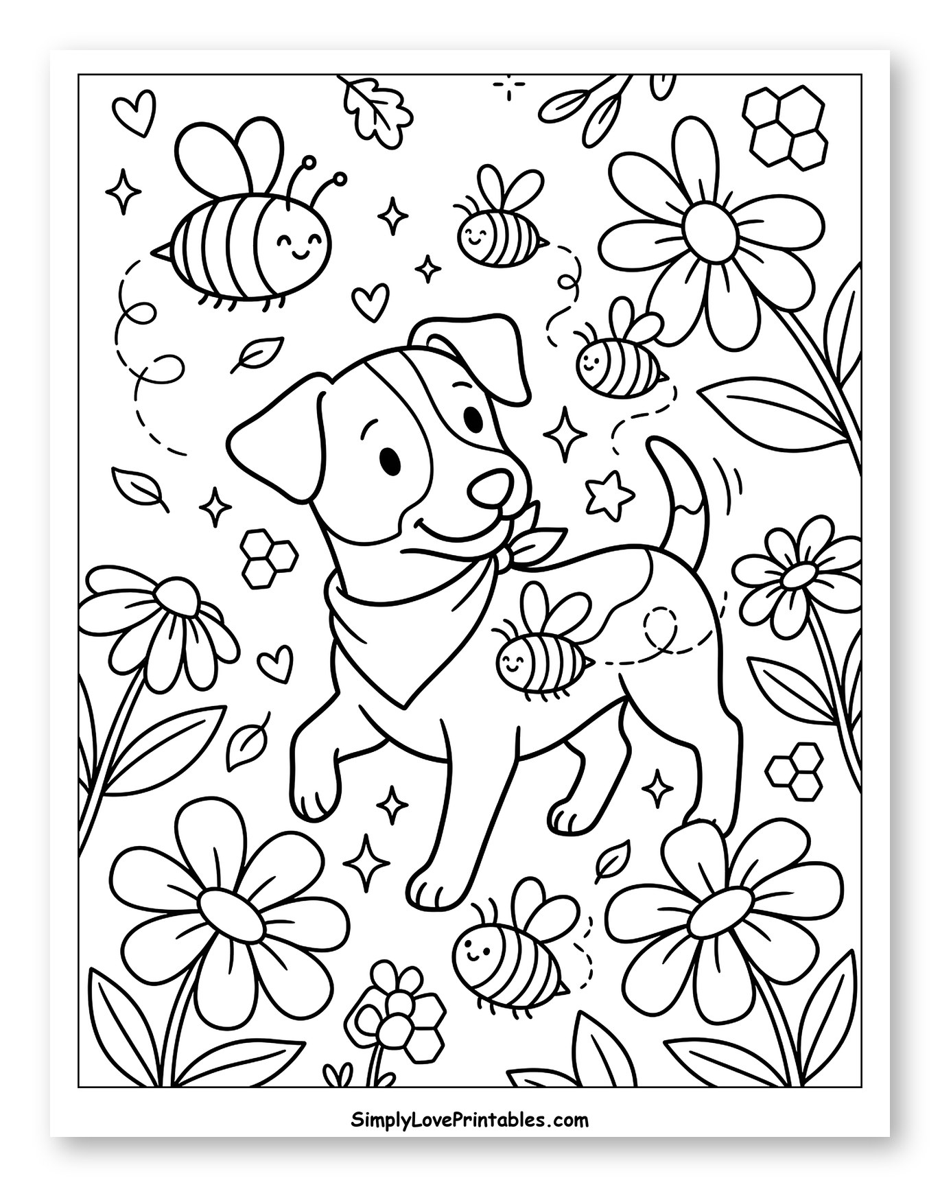 Happy Jack Russell Dog with Bees and Flowers to Color for Adults