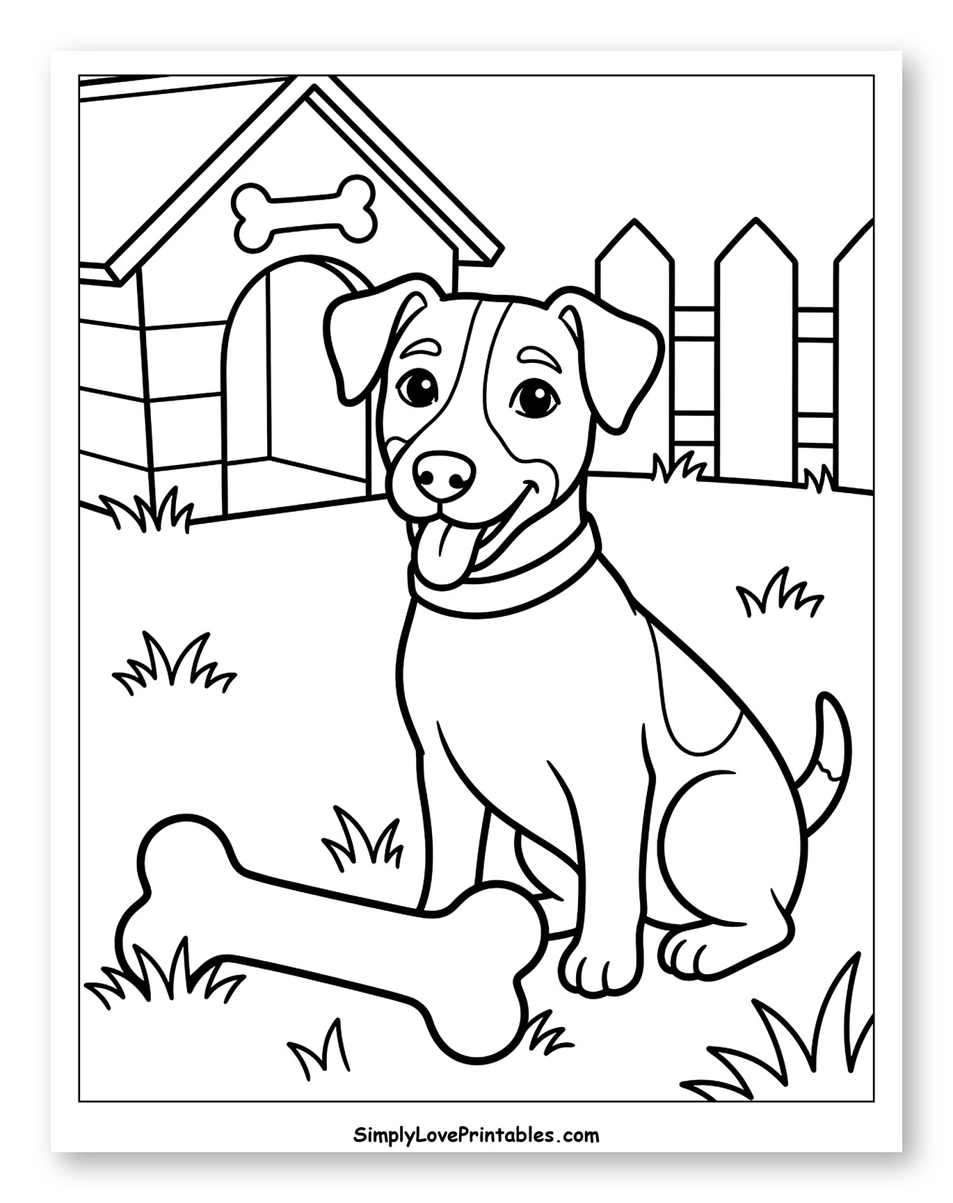 Happy Jack Russell Dog with Bone and Doghouse Coloring Sheet for Kids