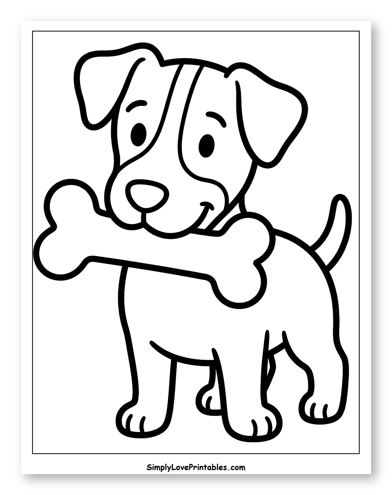 Happy Jack Russell Puppy Holding a Bone Coloring Page for Toddlers