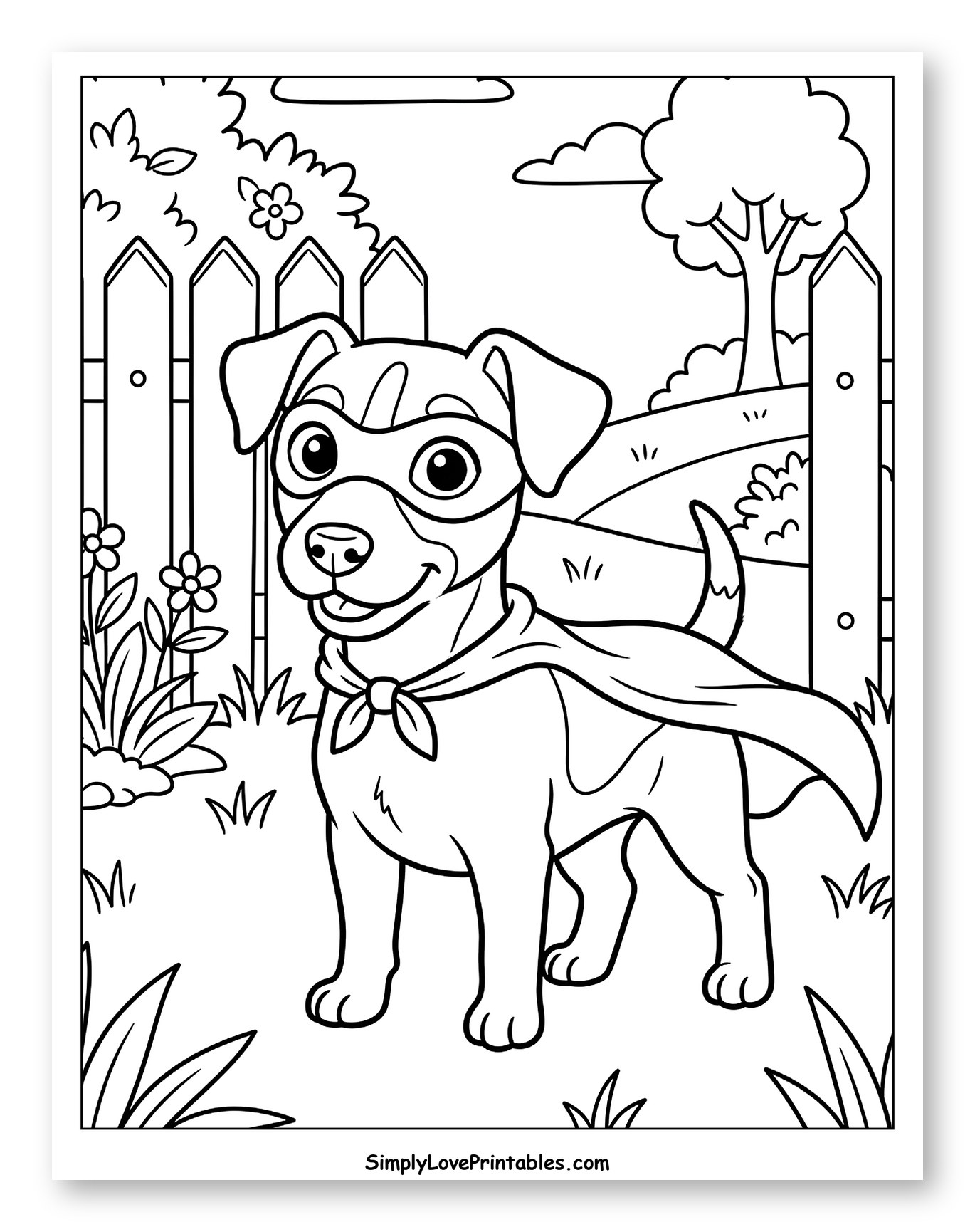 Happy Jack Russell Superhero in a Garden Coloring Page for Kids