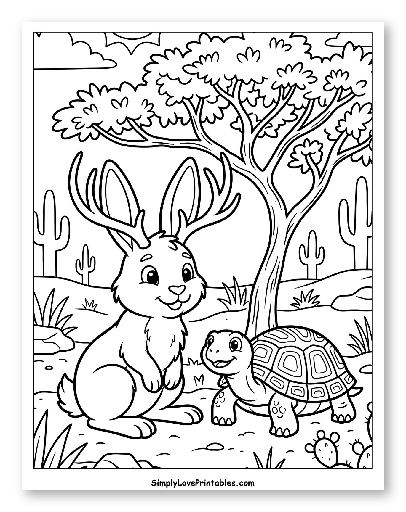 Happy Jackalope and Tortoise Under Tree