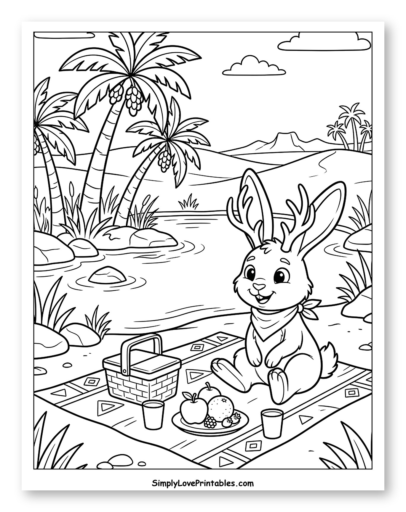 Happy Jackalope Enjoying a Picnic Outdoors to Color for Kids