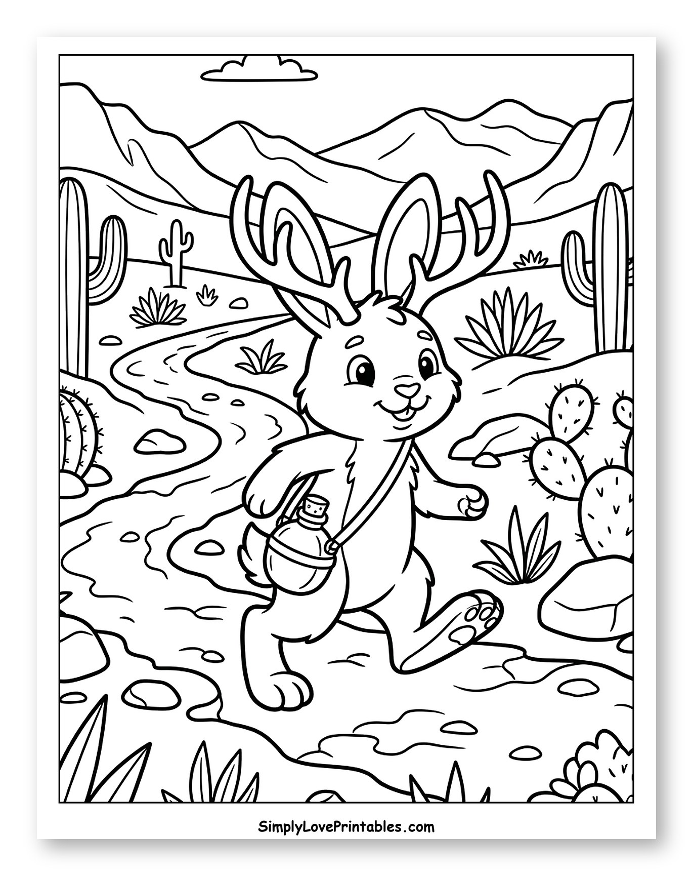 Happy Jackalope Exploring Desert Landscape Coloring Sheet for Kids