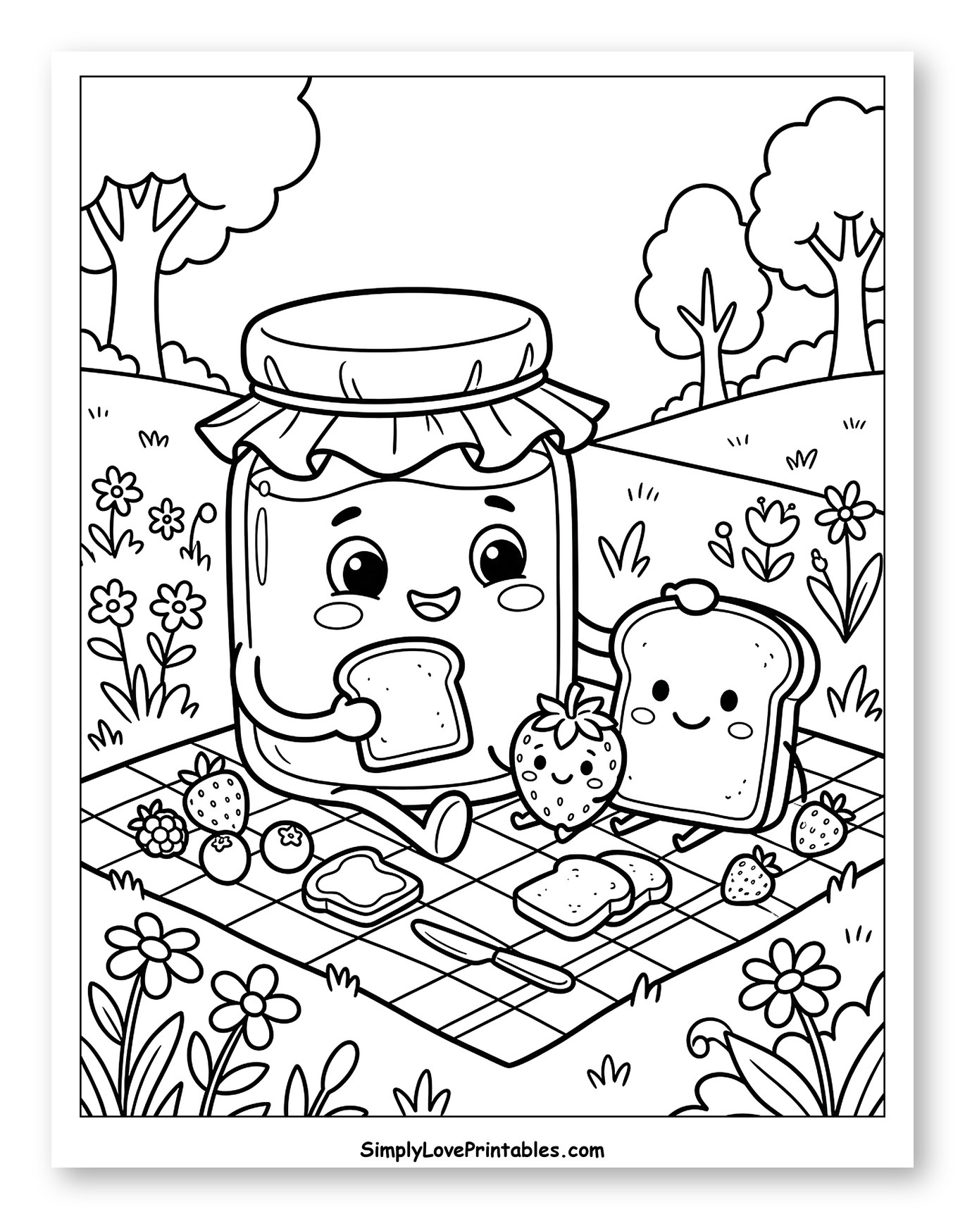 Happy Jam Jar and Toast Picnic to Color for Kids