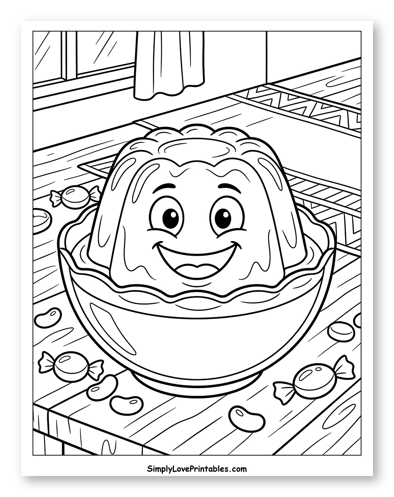 Happy Jello and Treats on Wooden Table Coloring Page for Kids